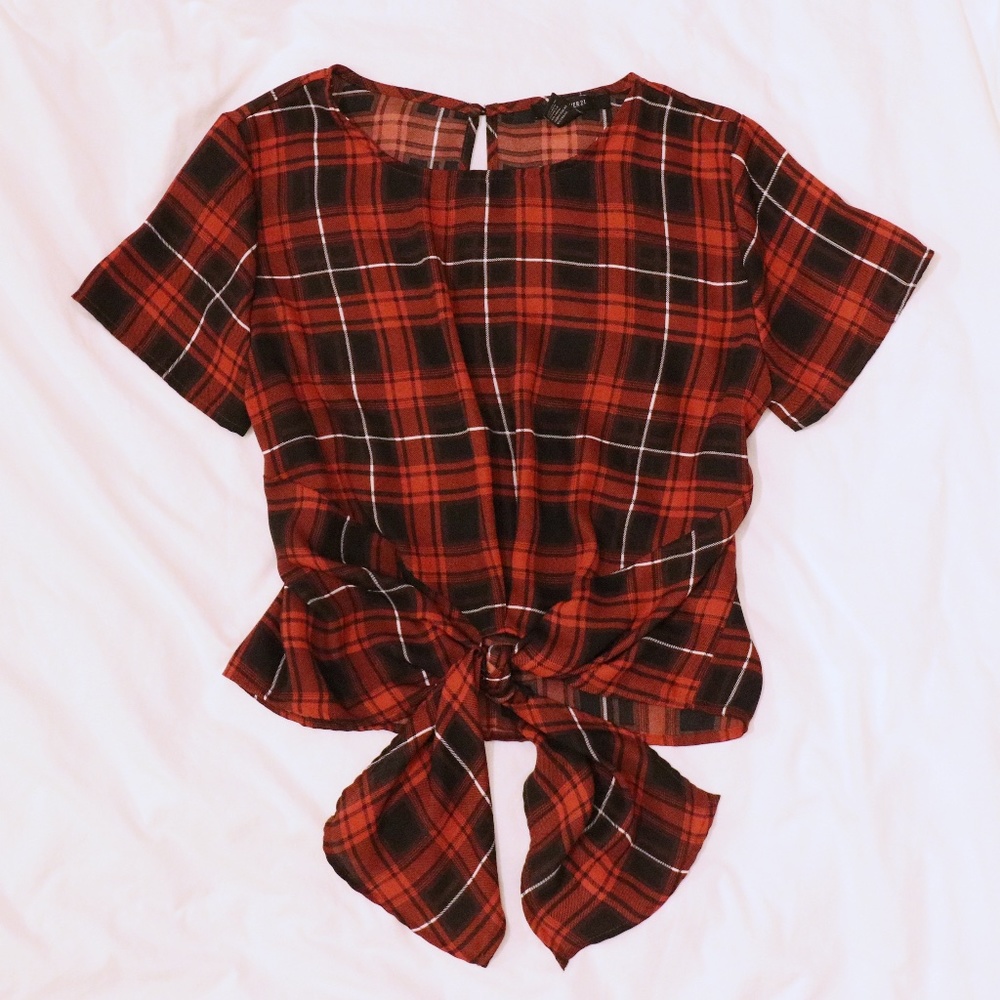 Flowy Red Plaid Tie-front Top